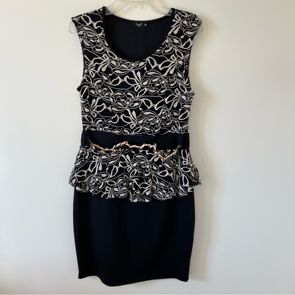 Love J Black and Nude Lace Mesh Peplum Belt Dress